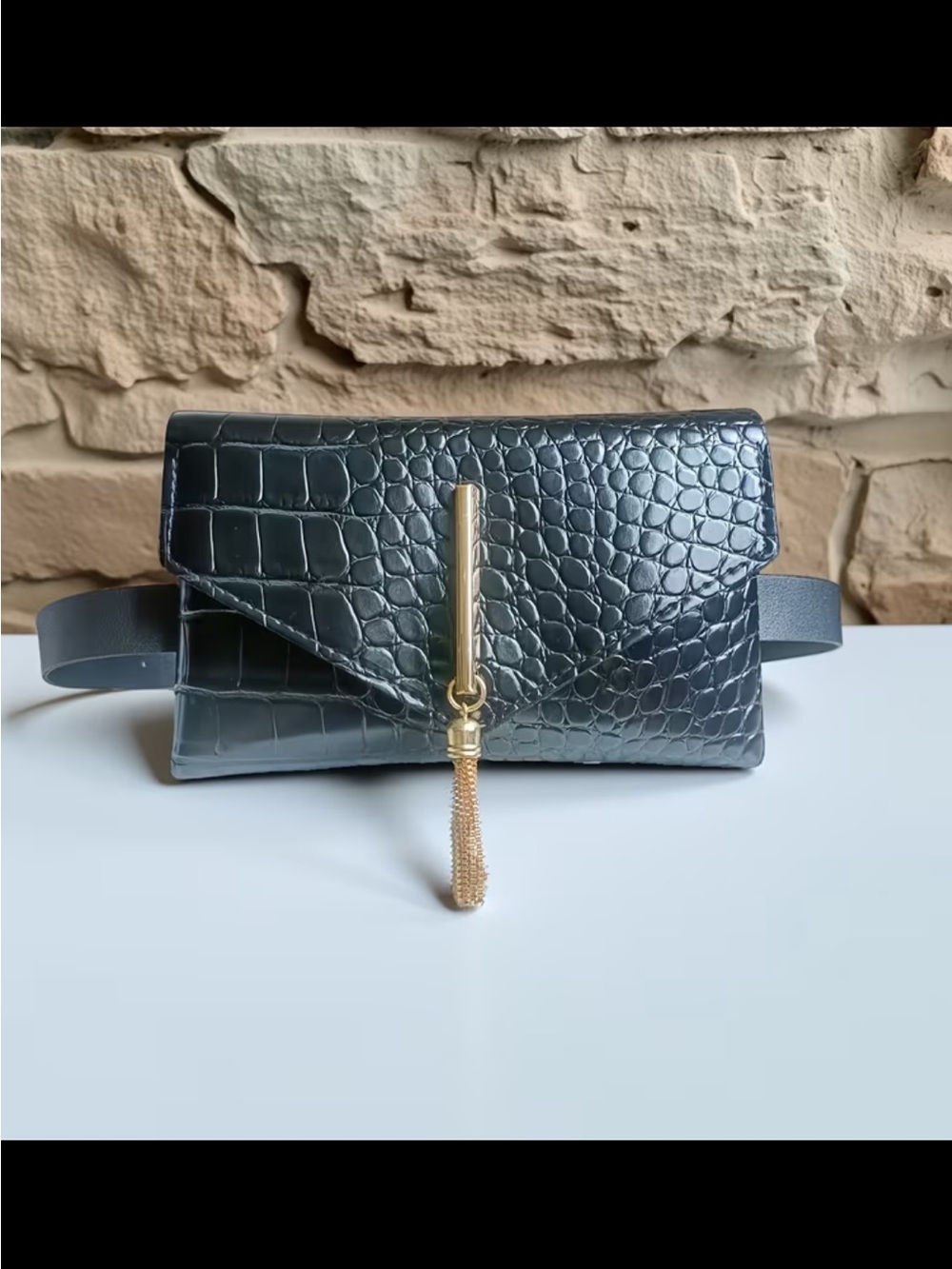 Affordable Fashion Finds Black Croc-Embossed Mini Belt Bag with Gold Tassel